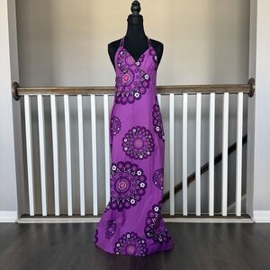 Vintage Holo-Hole Halter Hawaii Aloha Maxi Dress Purple Sz 8 Tropical Resort 70s